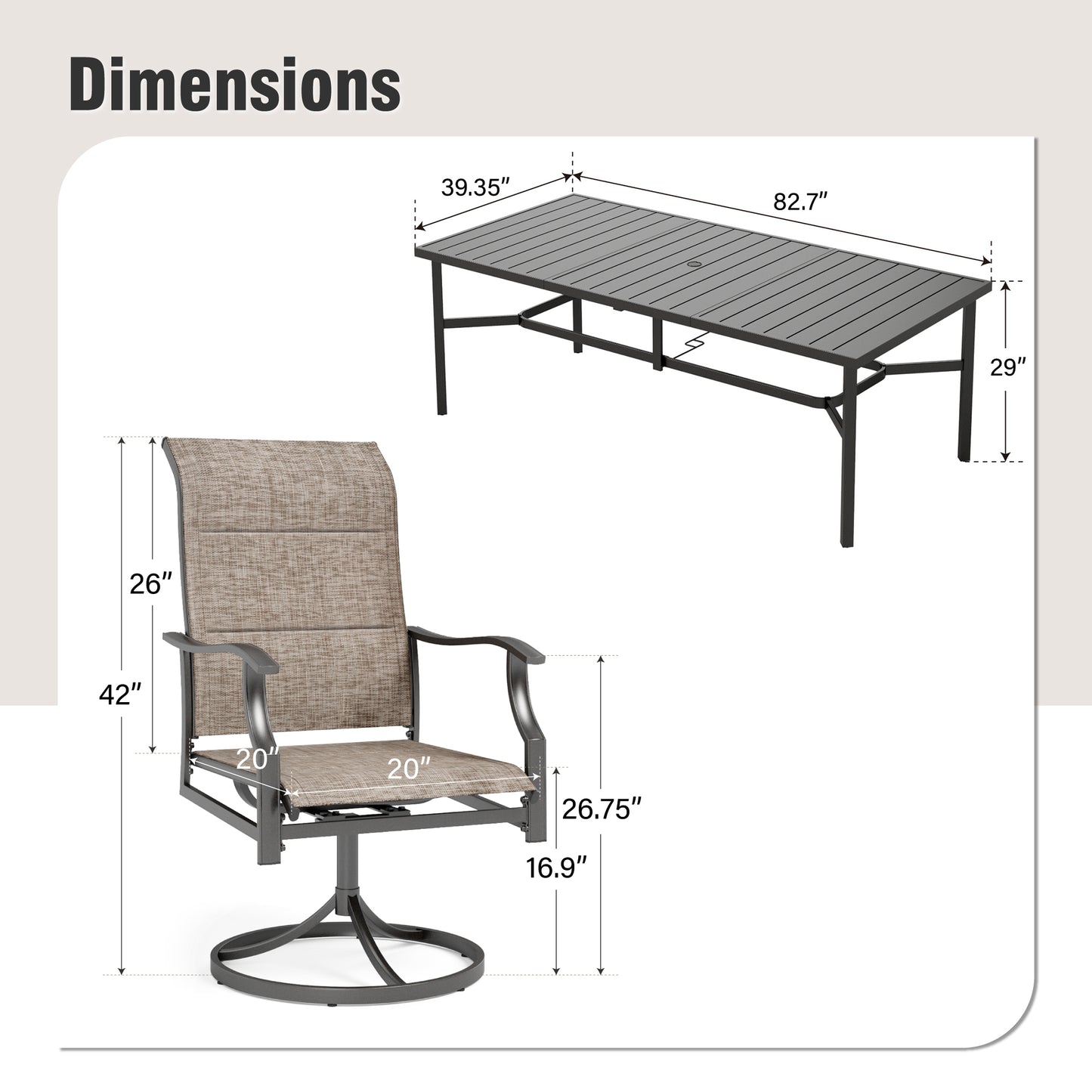 Captiva Designs 9 件套宽敞方形金属板顶桌，带伞孔和带衬垫的 Textilene 旋转椅