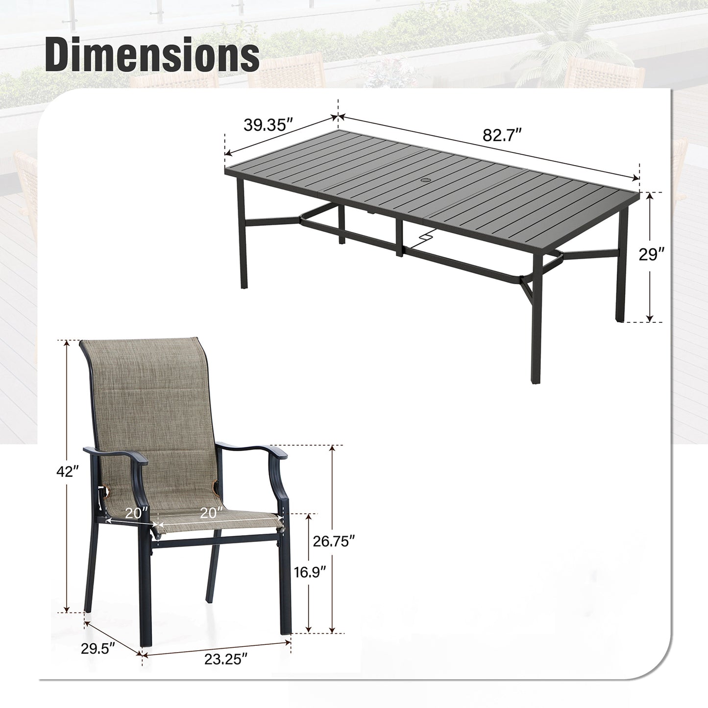 Captiva Designs 9 件套庭院几何图案可伸缩钢制矩形桌和软垫吊带固定椅和旋转椅