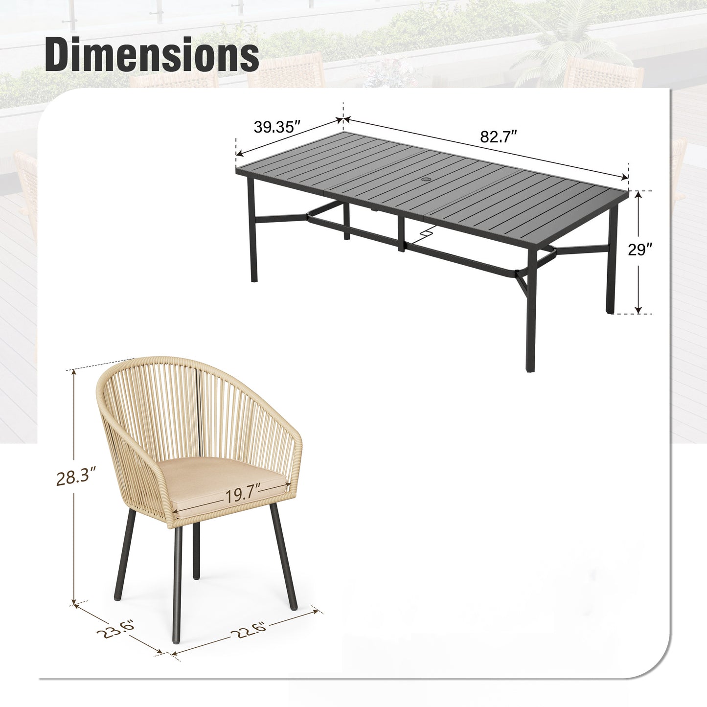 Captiva Designs 9pc Patio Dining Table with  Umbrella Hole & Woven Pull Cord Back with Seat Cushion