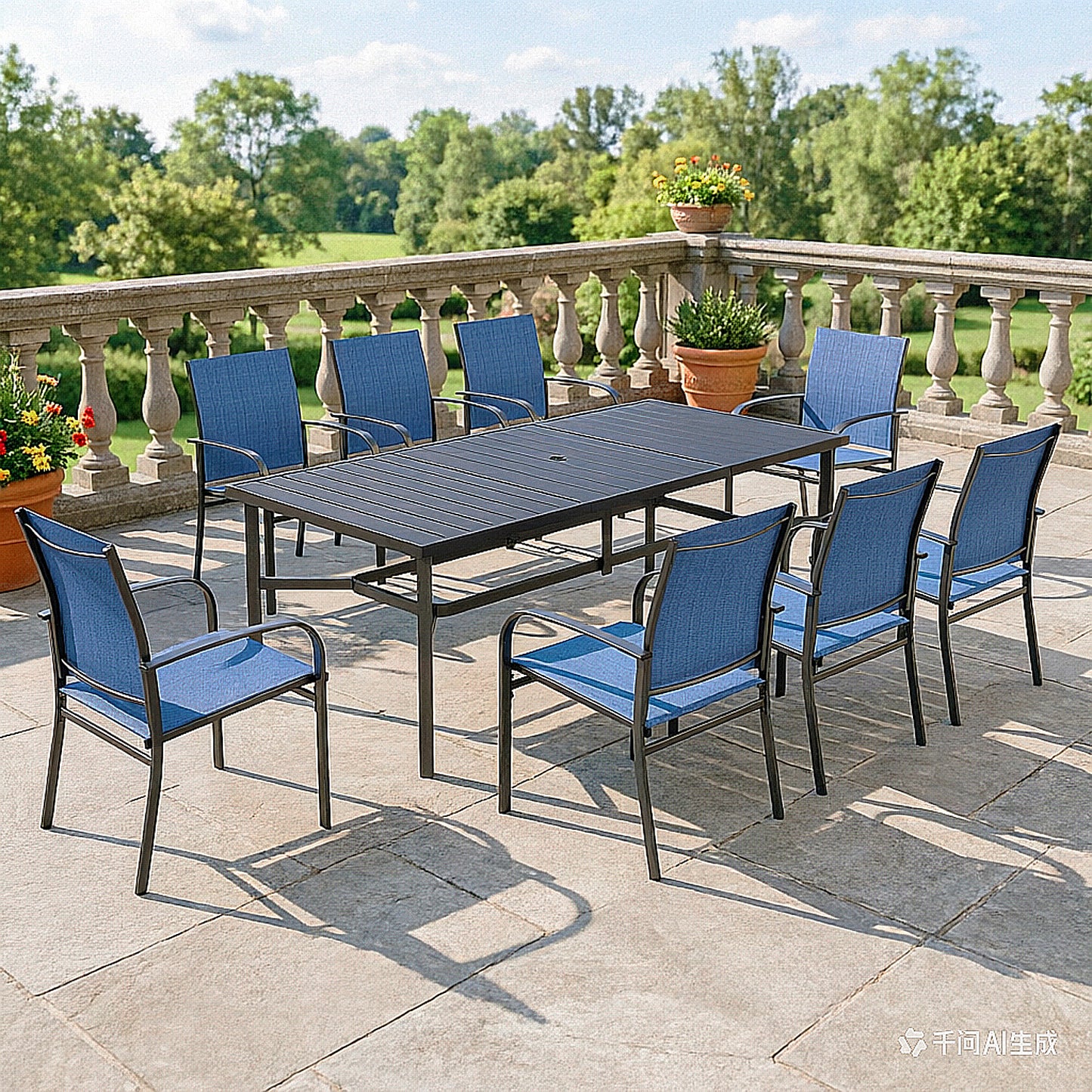 Captiva Designs 9pc Outdoor Patio Slat-top Rectangle Metal Dining Table & Breathable Textilene Chairs