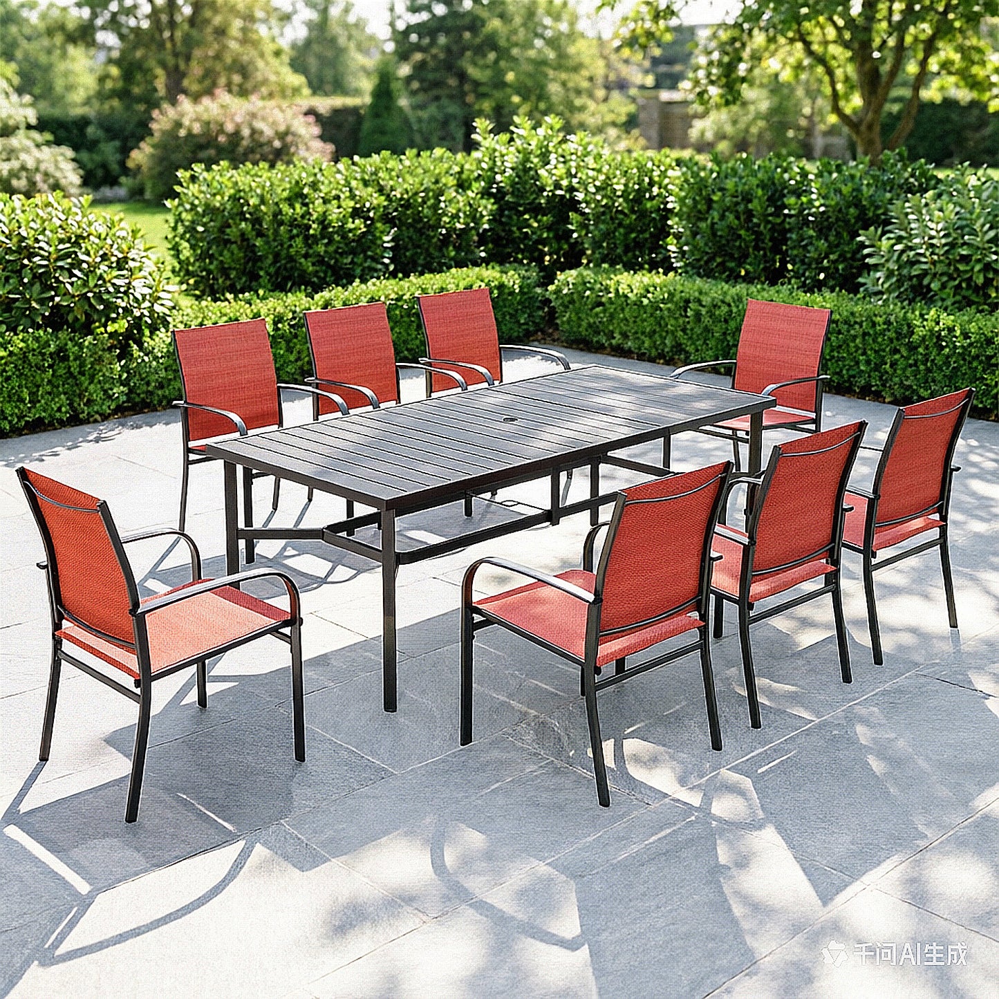 Captiva Designs 9pc Outdoor Patio Slat-top Rectangle Metal Dining Table & Breathable Textilene Chairs