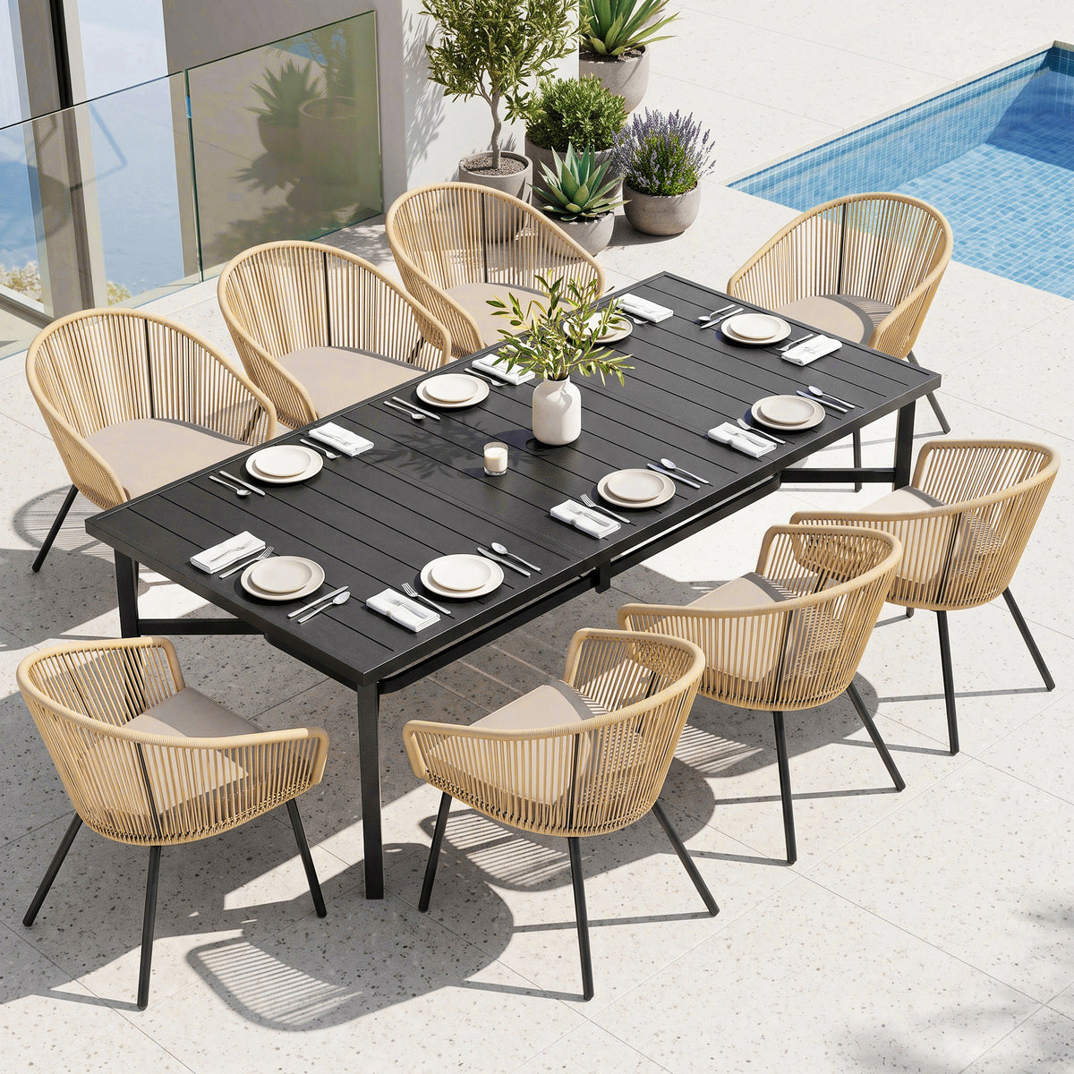 Captiva Designs 9pc Patio Dining Table with  Umbrella Hole & Woven Pull Cord Back with Seat Cushion
