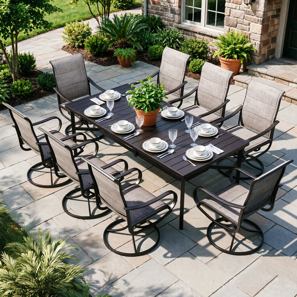 Captiva Designs 9pc Patio Dining Set with Slat-top Steel Rectangle Table & Padded Textilene Swivel Chairs