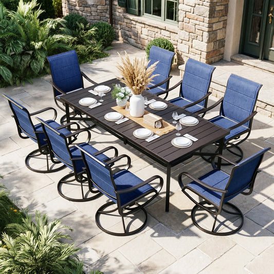 Captiva Designs 9pc Patio Dining Set with Slat-top Steel Rectangle Table & Padded Textilene Swivel Chairs