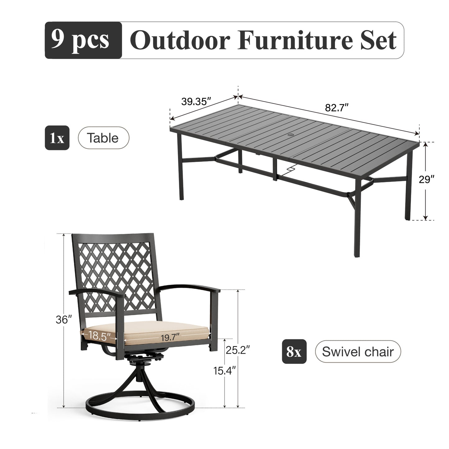 Captiva Designs 9pc Spacious Slat-top Rectangle Metal Table & Steel Stackable Chairs