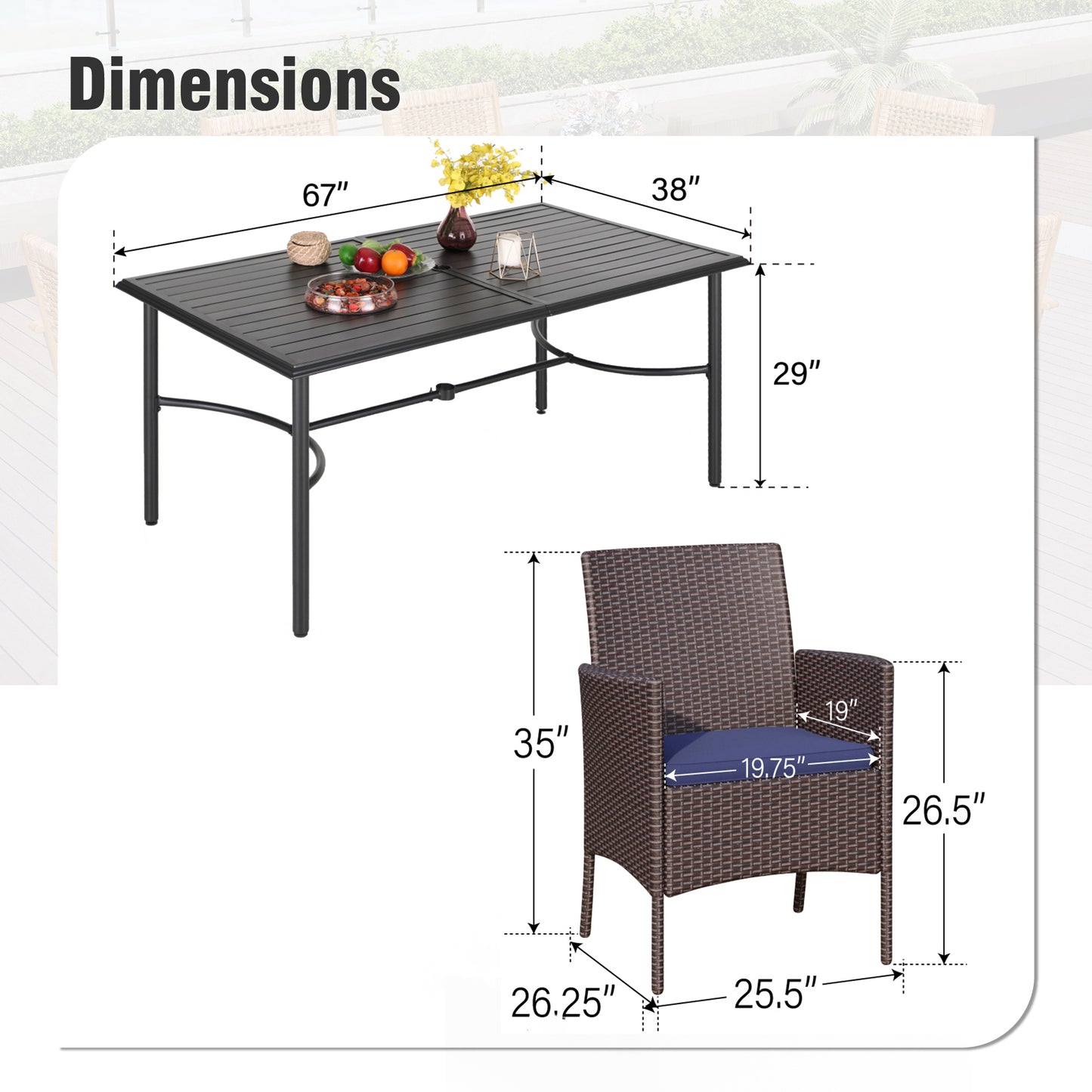 Captiva Designs 7pc Patio Slatted Top Steel Dining Table with Umbrella Hole & Cushioned Armrest Rattan Chairs