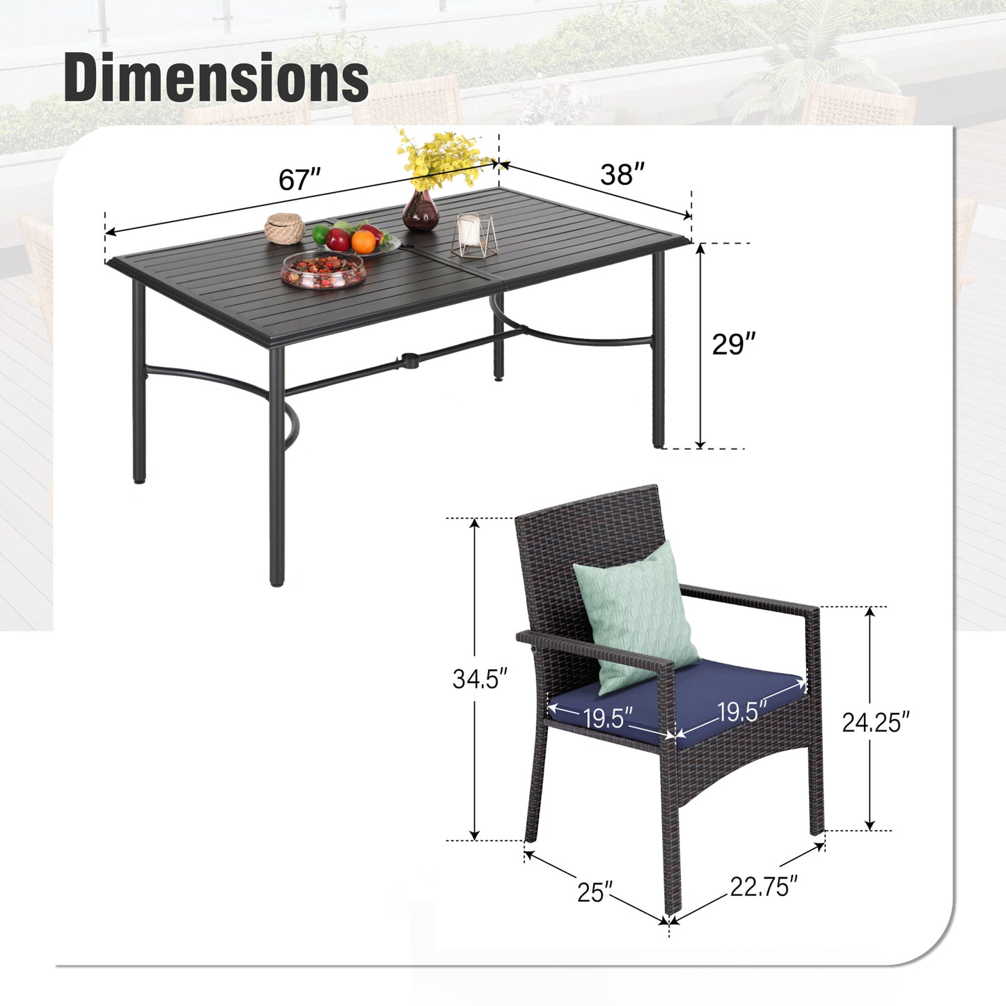 Captiva Designs 7pc Patio Slatted Top Steel Dining Table with Umbrella Hole & Cushioned Armrest Rattan Chairs