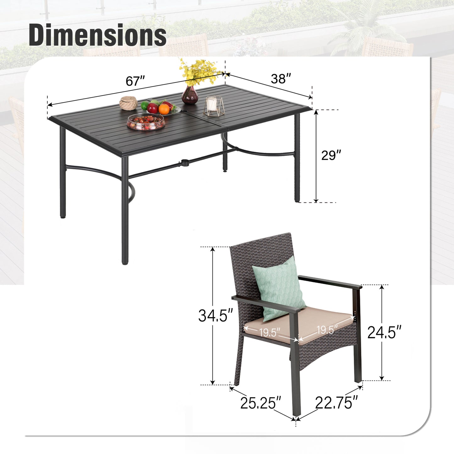 Captiva Designs 7pc Patio Slatted Top Steel Dining Table with Umbrella Hole & Cushioned Armrest Rattan Chairs