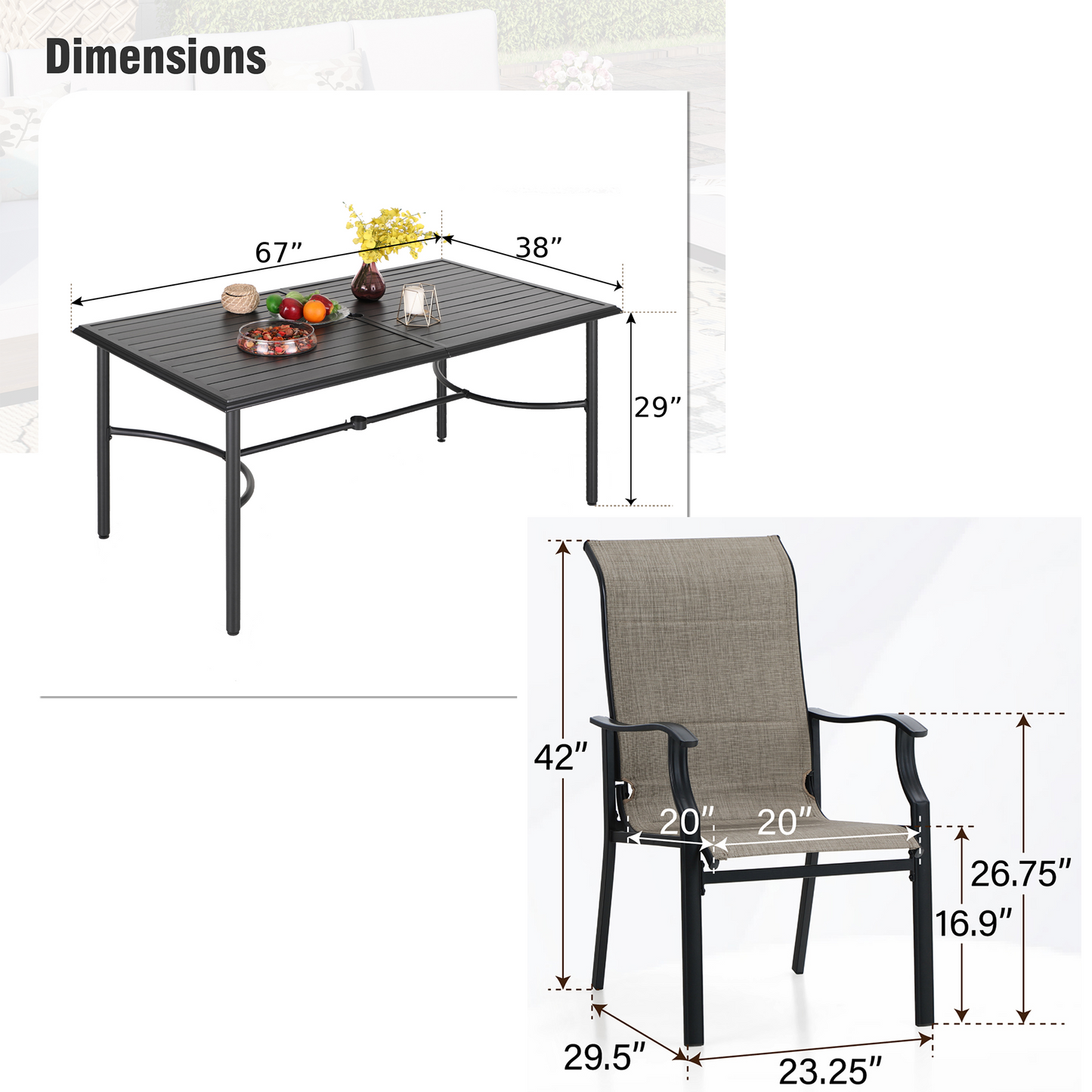 Captiva Designs 7pc Patio Dining Rectangular Black Steel Table & High Back Padded Grayish Brown Sling Armrest Chairs