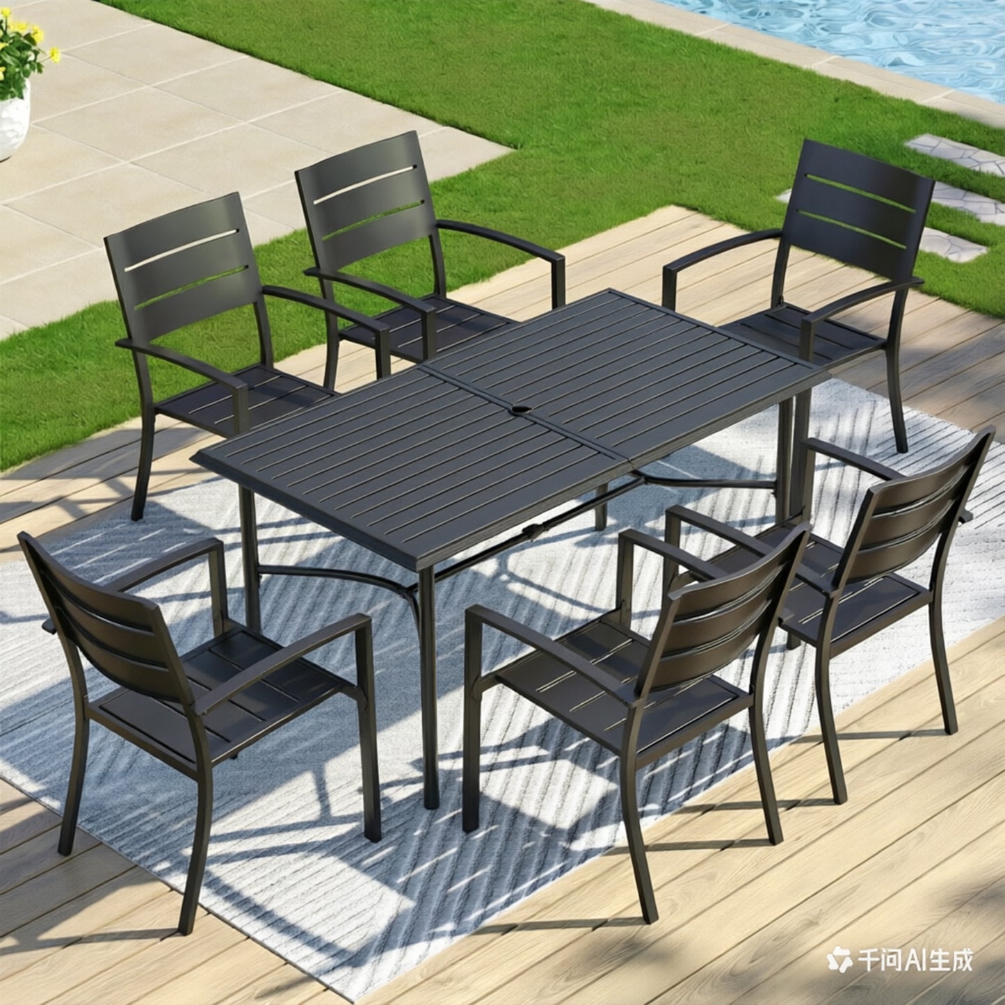 Captiva Designs 7pc Outdoor Patio Dining Set with Steel Table & Metal Chairs with Stripe Back