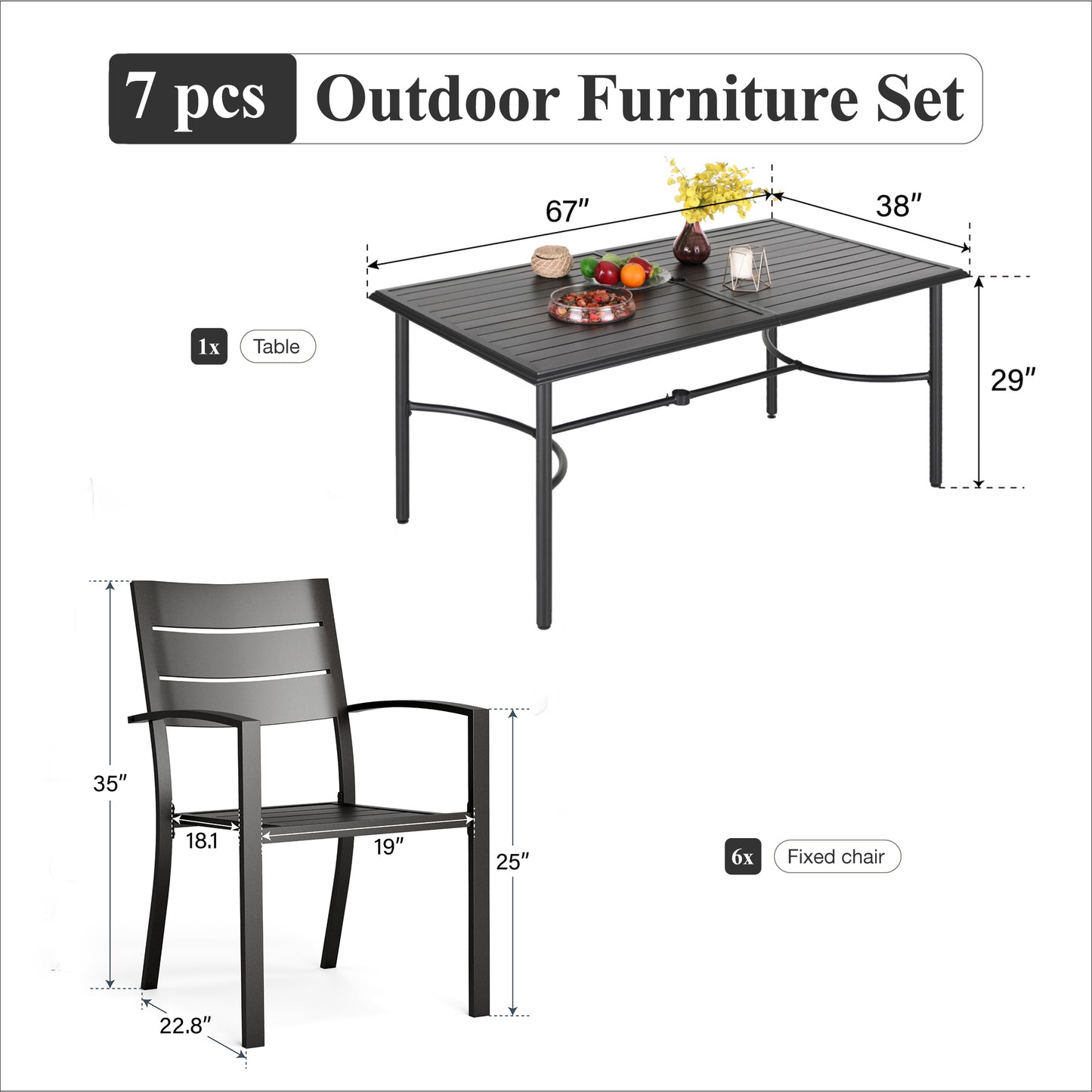 Captiva Designs 7pc Outdoor Patio Dining Set with Steel Table & Metal Chairs with Stripe Back