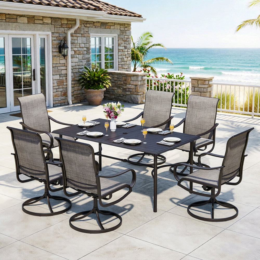 Captiva Designs 7pc Outdoor Rectangle Steel Table with Umbrella Hole & Textilene Swivel Chairs