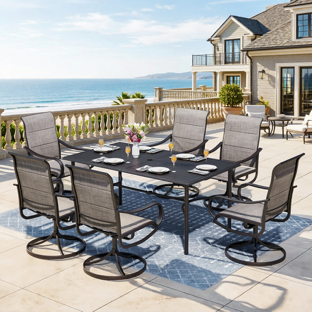 Captiva Designs 7pc Outdoor Rectangle Steel Table with Umbrella Hole & Textilene Swivel Chairs