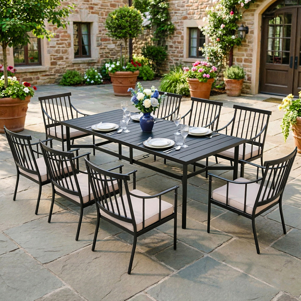 Captiva Designs 9pc Patio Dining Set with Slat-top Steel Rectangle Table & Stylish Metal Arm Chairs