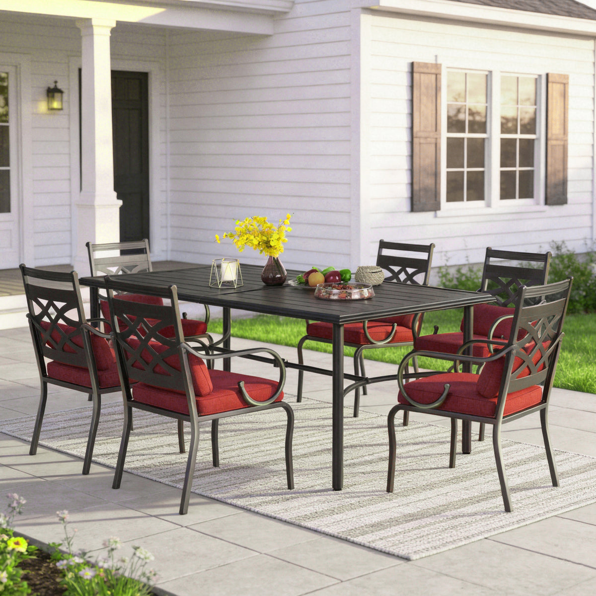 Captiva Designs 7pc Outdoor Patio Dining Rectangle Steel Table and Metal Chairs with Seat Cushion & Waist Pillow