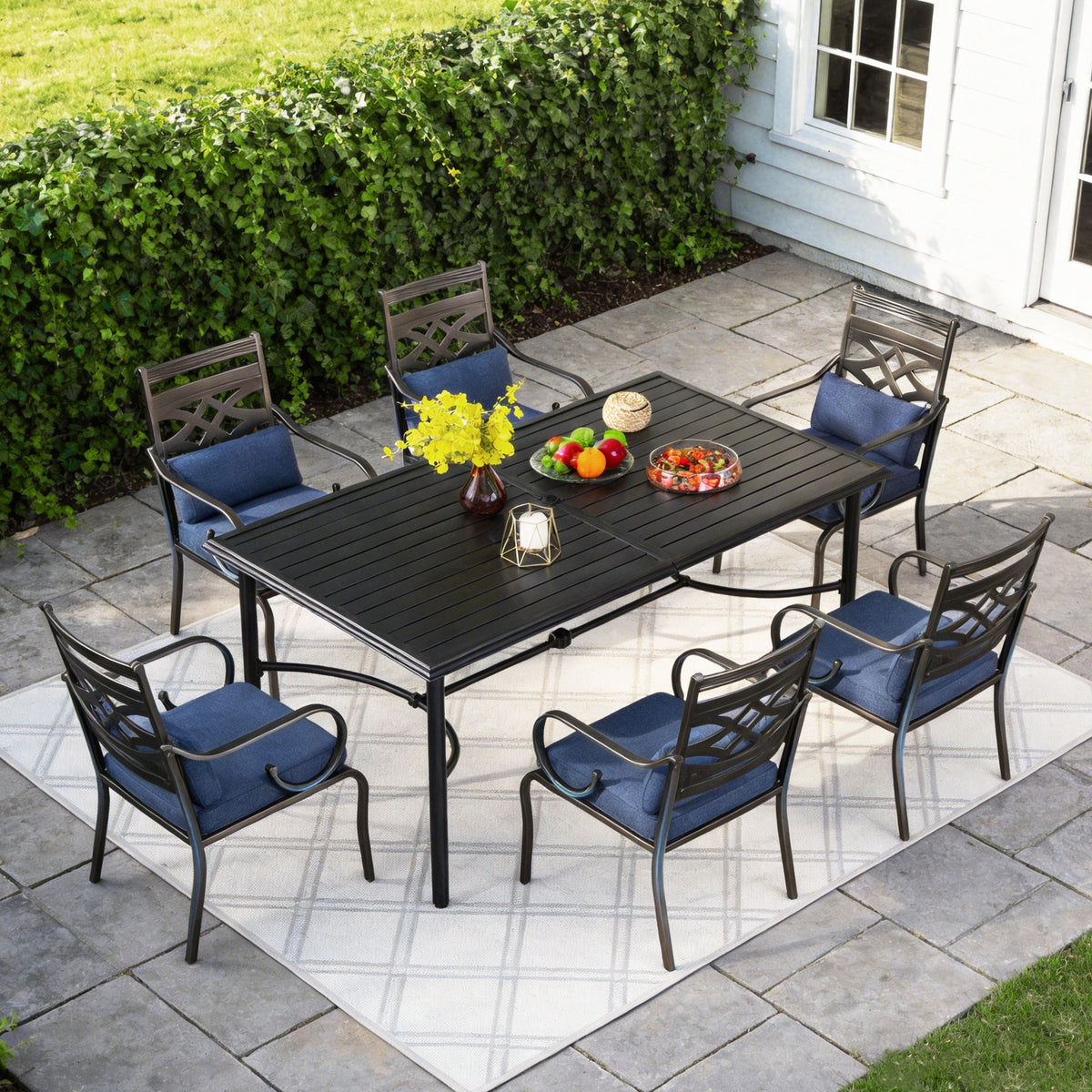 Captiva Designs 7pc Outdoor Patio Dining Rectangle Steel Table and Metal Chairs with Seat Cushion & Waist Pillow