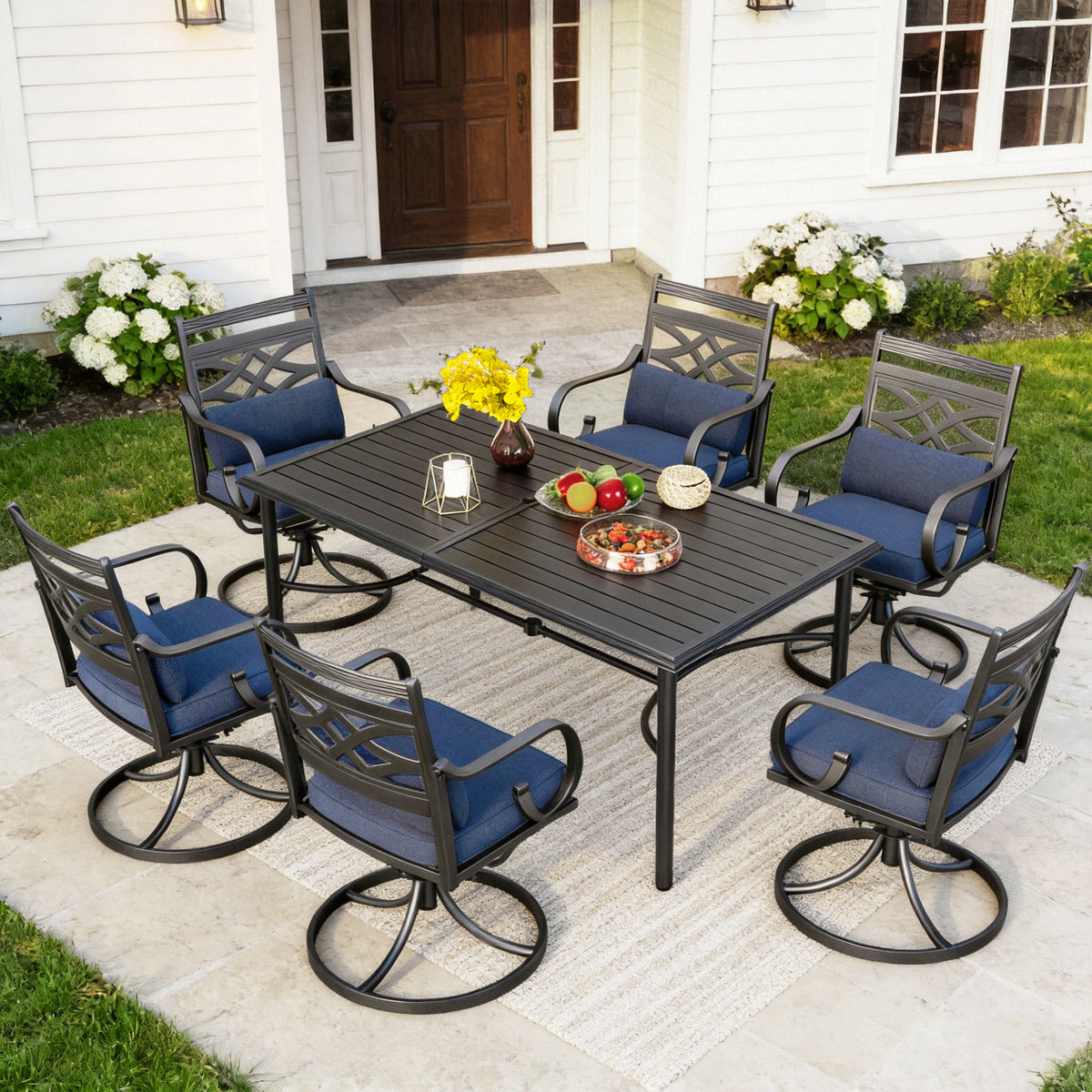 Captiva Designs 7pc Outdoor Patio Dining Rectangle Steel Table and Metal Chairs with Seat Cushion & Waist Pillow