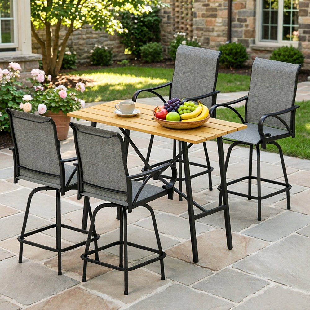 Captiva Designs 5pc Patio Slat-top Rectangle Wood-look Finished Metal Bar Table & Sling Swivel Bar Stools