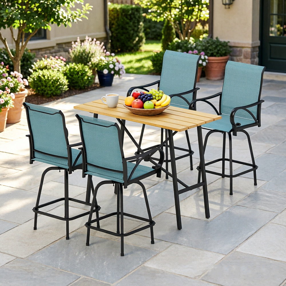 Captiva Designs 5pc Patio Slat-top Rectangle Wood-look Finished Metal Bar Table & Sling Swivel Bar Stools