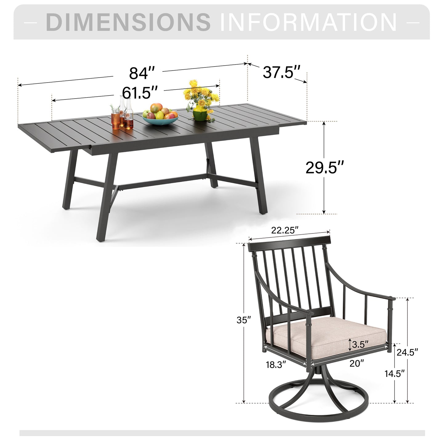 Captiva Designs 9pc Patio Slat-top Adjustable Steel Rectangle Table & Stylish Arm Chairs with Cushions