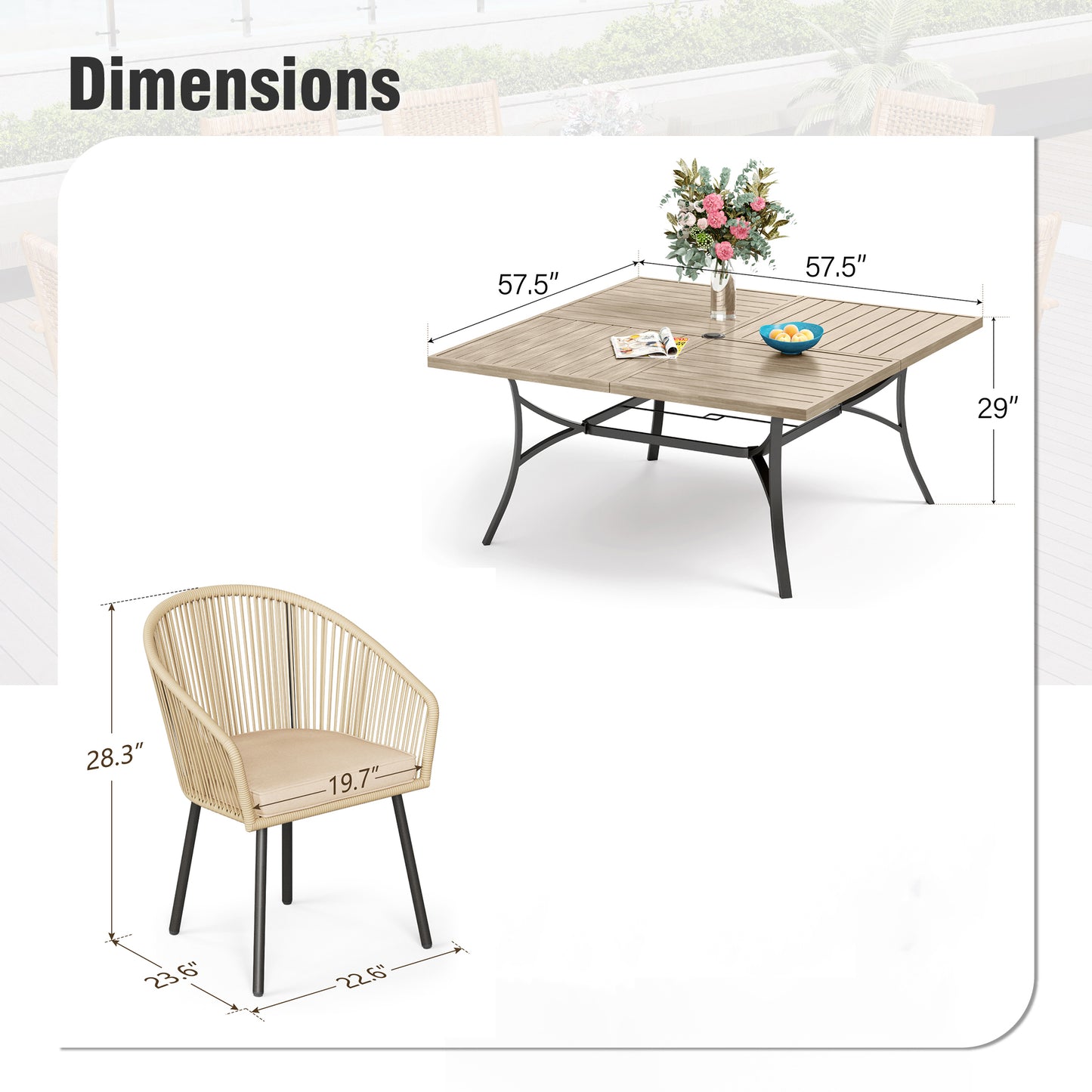 Captiva Designs 9pc Patio Dining Table with  Umbrella Hole & Woven Pull Cord Back with Seat Cushion