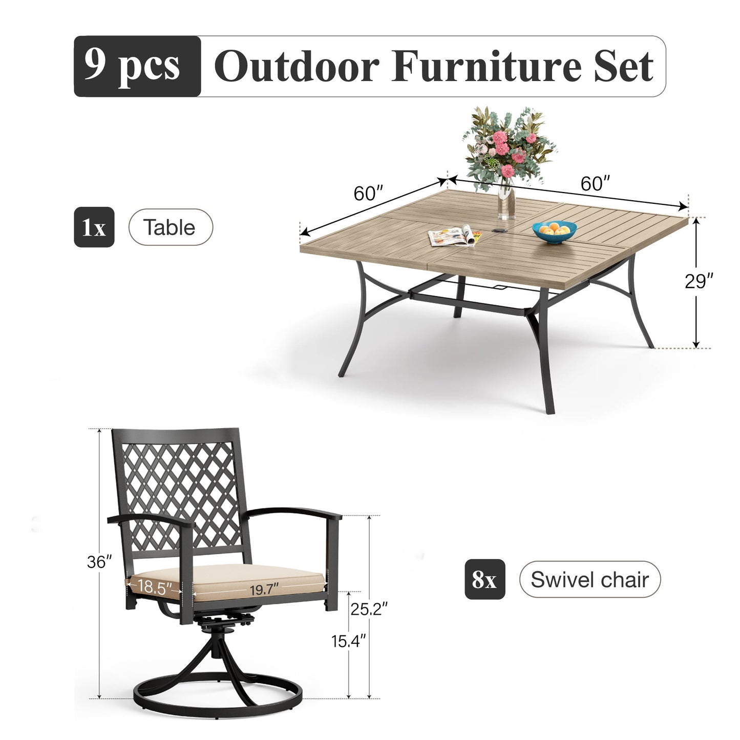 Captiva Designs 9pc Spacious Slat-top Square Metal Table with Umbrella Hole & Swivel Steel Chairs