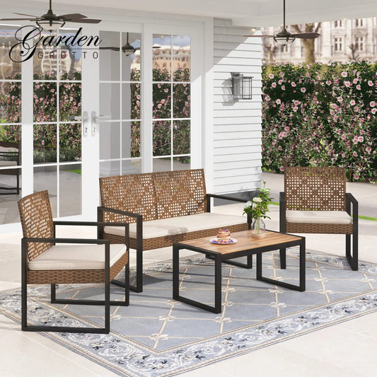 Garden Grotto 4 Piece Wicker Outdoor Patio Conversation Set, Beige