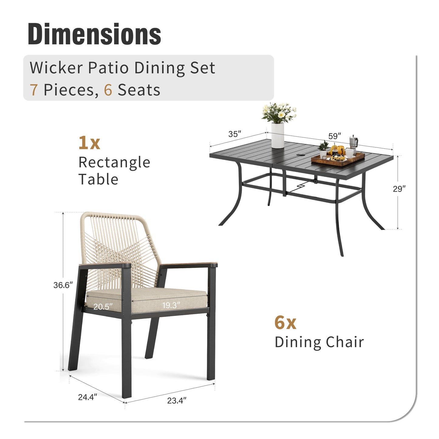 Captiva Designs 7pc Outdoor Dining Rectangular Slat-top Steel Table with Umbrella Hole & Beige Rattan Fixed Chairs