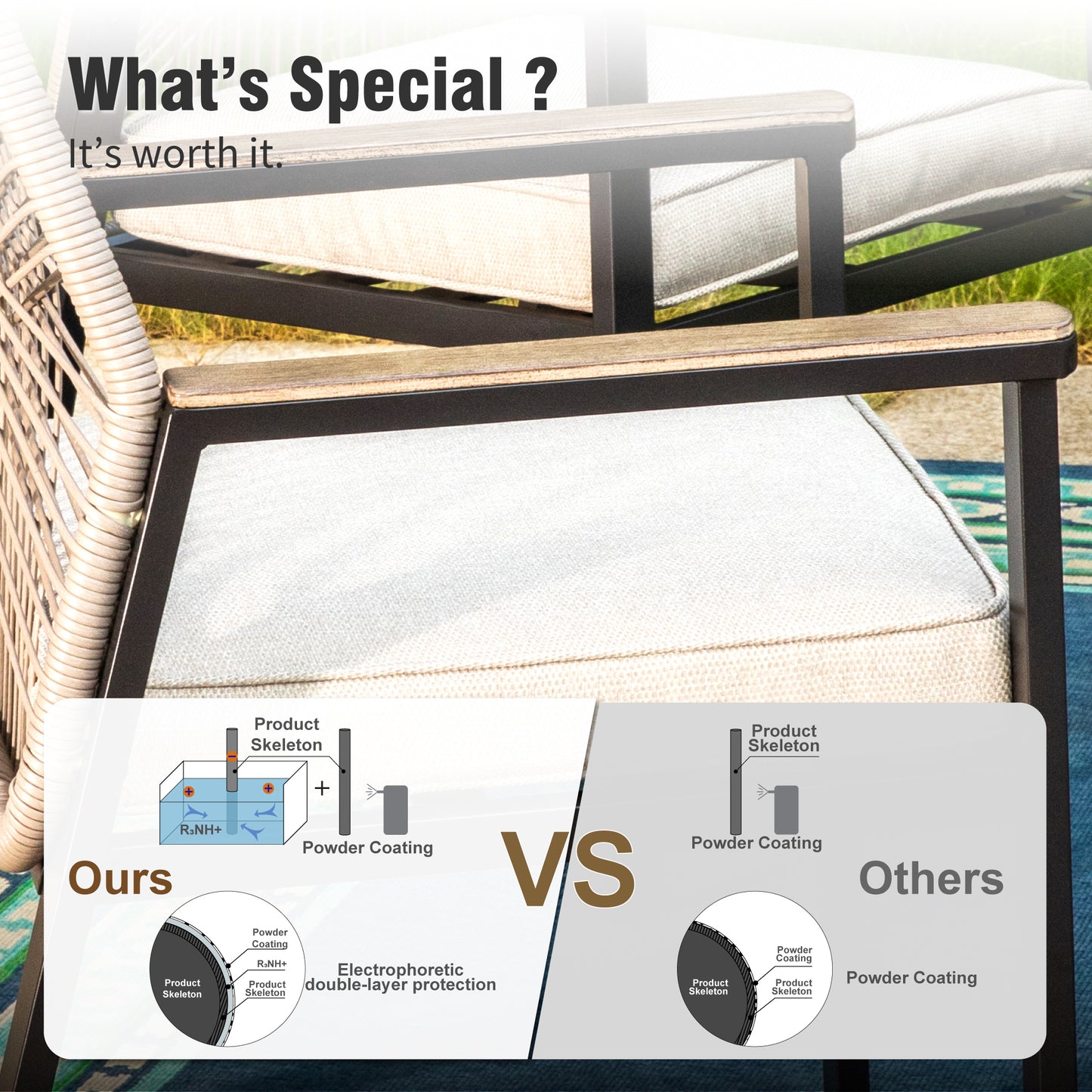 Captiva Designs 7pc Outdoor Dining Rectangular Slat-top Steel Table with Umbrella Hole & Beige Rattan Fixed Chairs