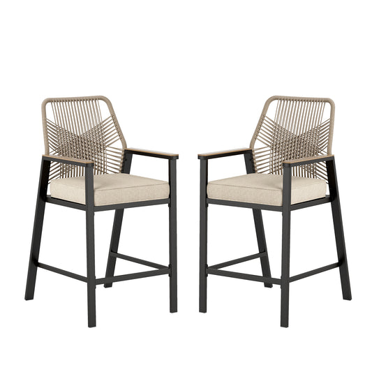 Captiva Designs Outdoor Patio Dining Beige Rattan Bar Stools with Thick Beige Cushions