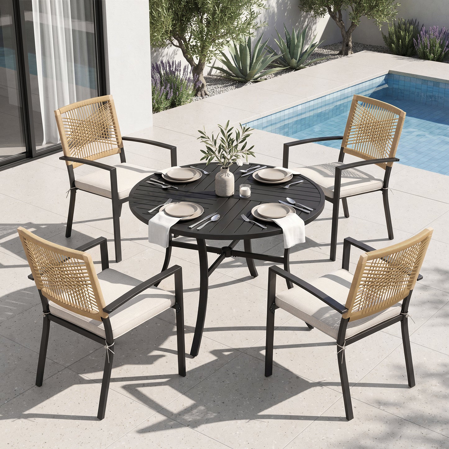 Captiva Designs Patio Dining Polyrattan Chairs with Steel Armrests and Wooden Wicker Back