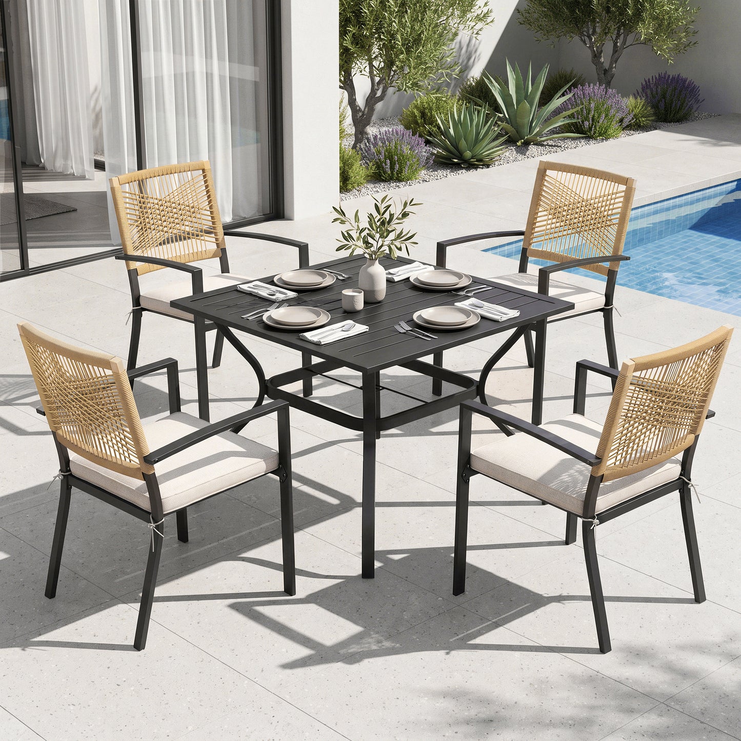 Captiva Designs Patio Dining Polyrattan Chairs with Steel Armrests and Wooden Wicker Back