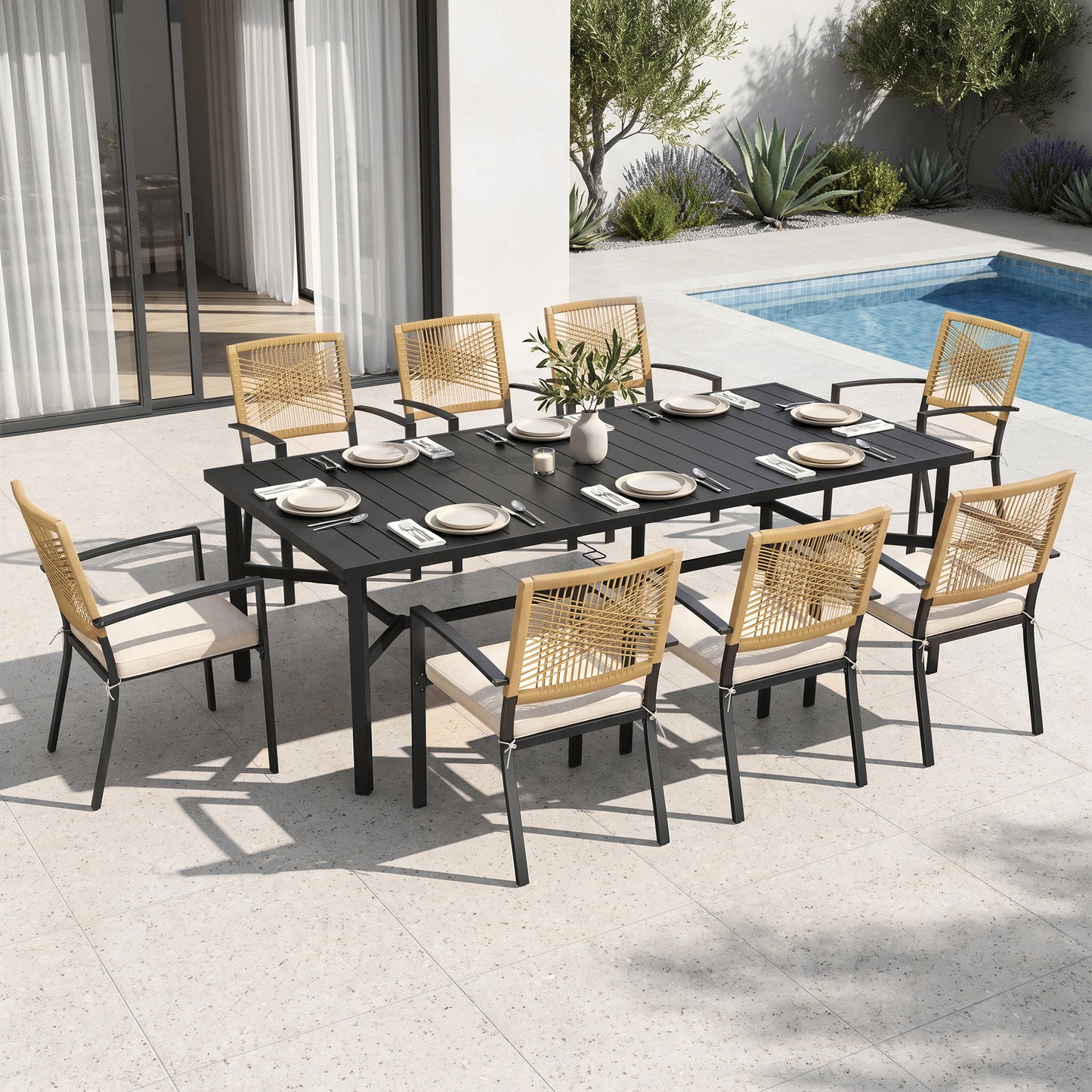 Captiva Designs Patio Dining Polyrattan Chairs with Steel Armrests and Wooden Wicker Back