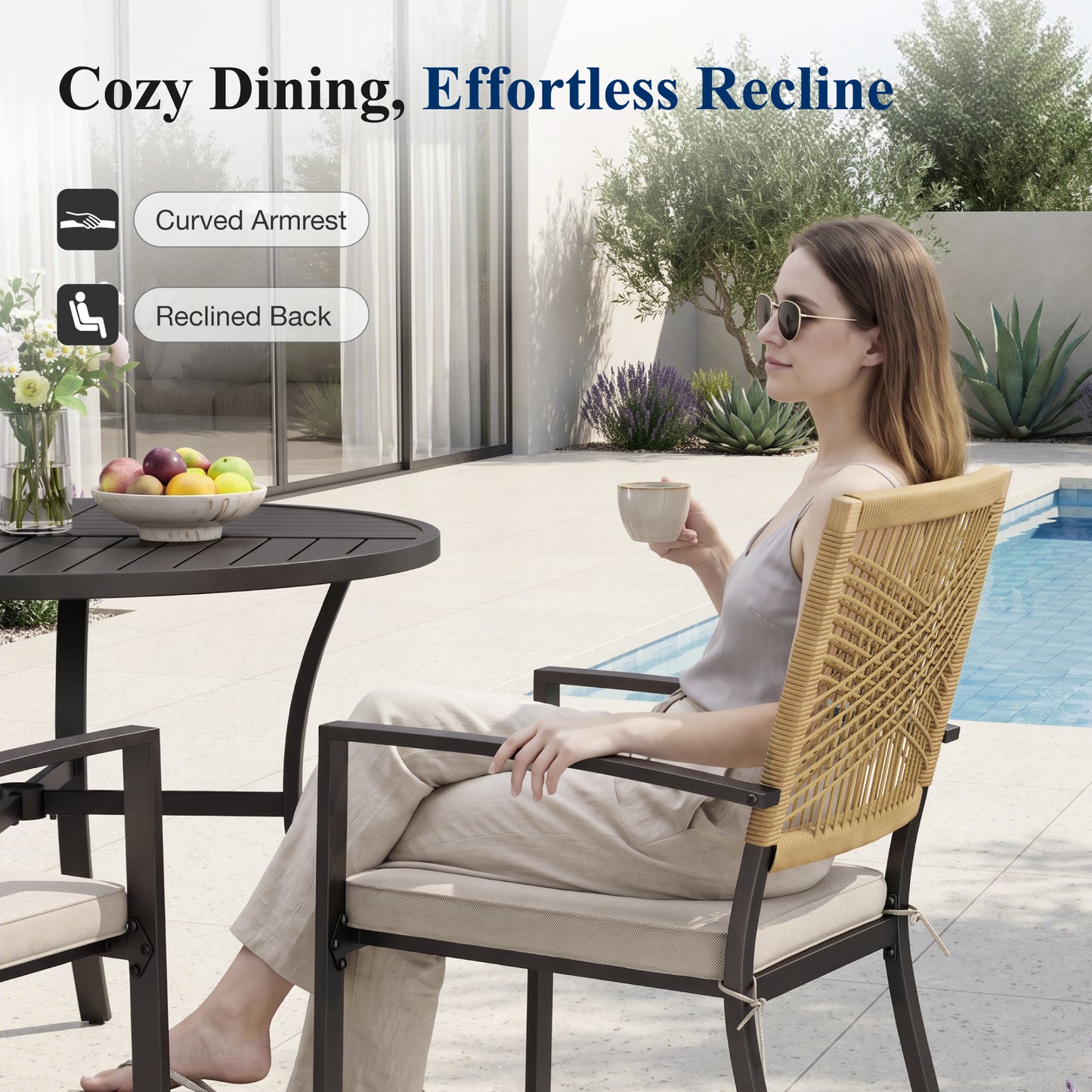 Captiva Designs Patio Dining Polyrattan Chairs with Steel Armrests and Wooden Wicker Back