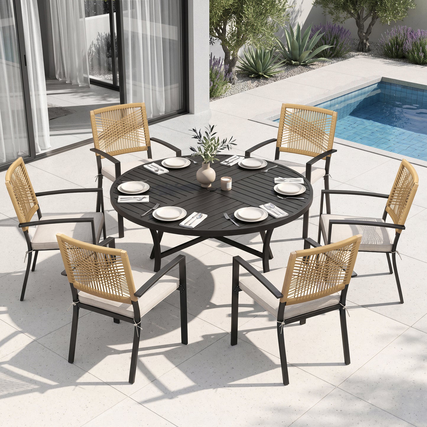 Captiva Designs Patio Dining Polyrattan Chairs with Steel Armrests and Wooden Wicker Back