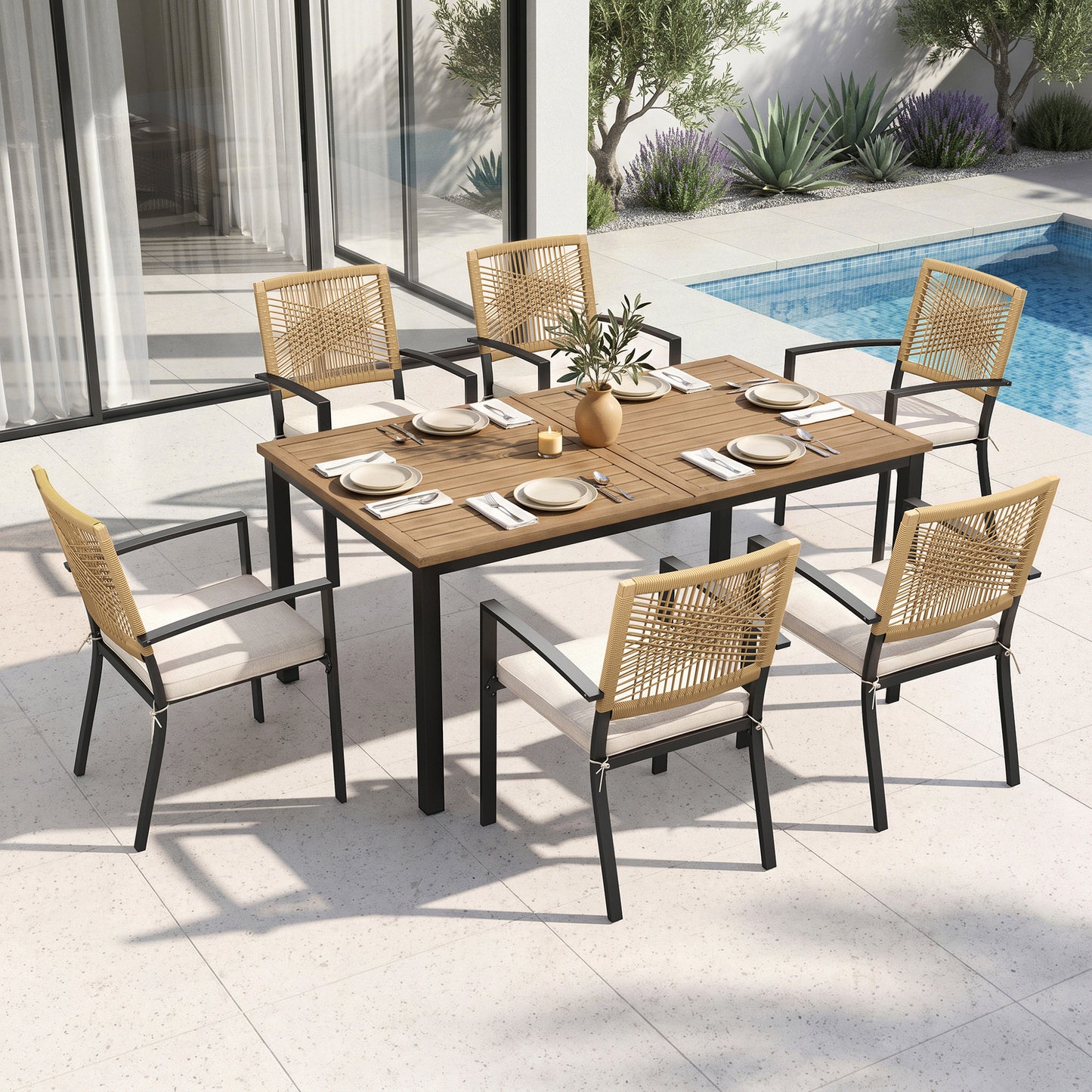 Captiva Designs Patio Dining Polyrattan Chairs with Steel Armrests and Wooden Wicker Back