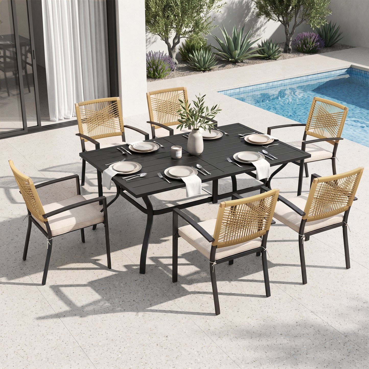 Captiva Designs Patio Dining Polyrattan Chairs with Steel Armrests and Wooden Wicker Back