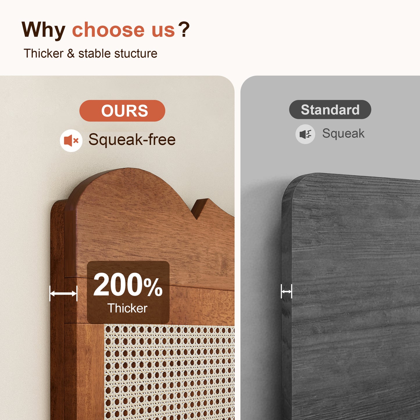 Captiva Designs Wood Platform Bed Frame with Height Adjustable Woven Rattan Headboard and Reinforced Slats Support, No Box Spring Needed