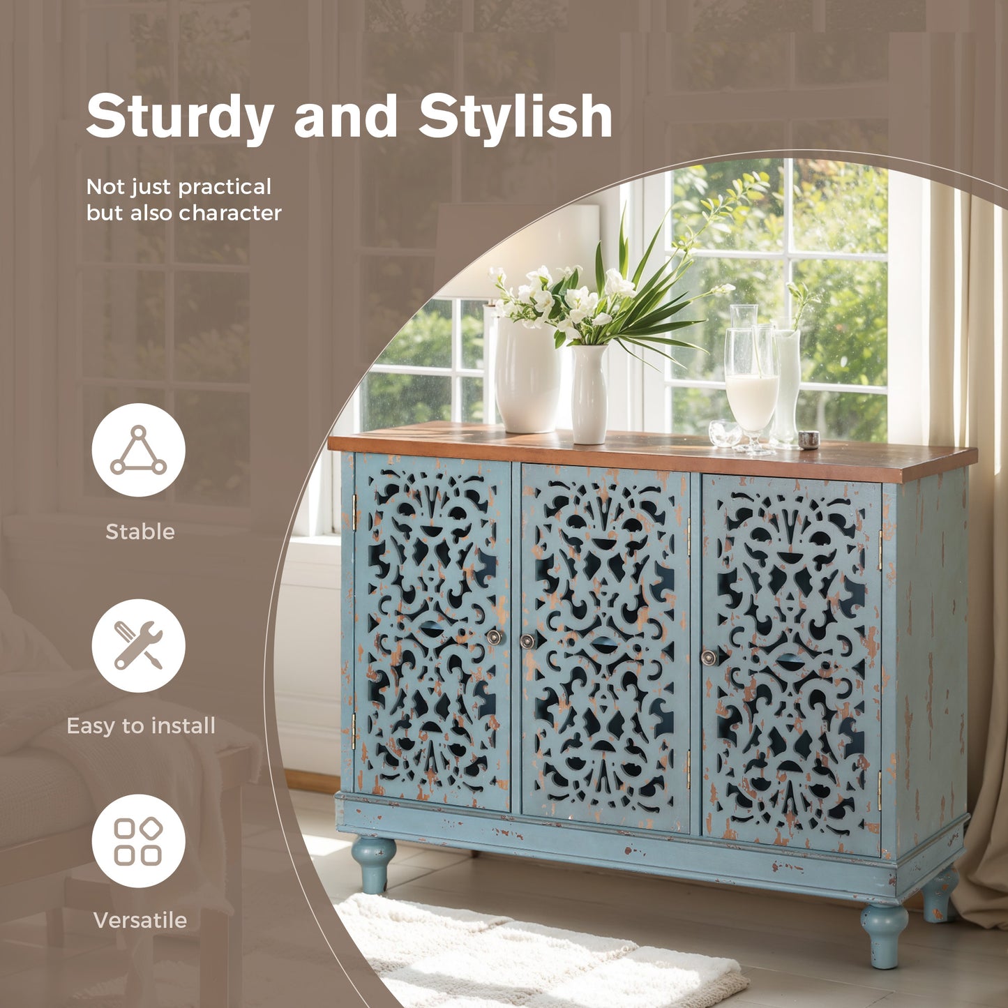 Captiva Designs Distressed Hollow-carved Accent Storage Sideboard Buffet Cabinet with Solid Wood Legs for Living Room Entryway Foyer