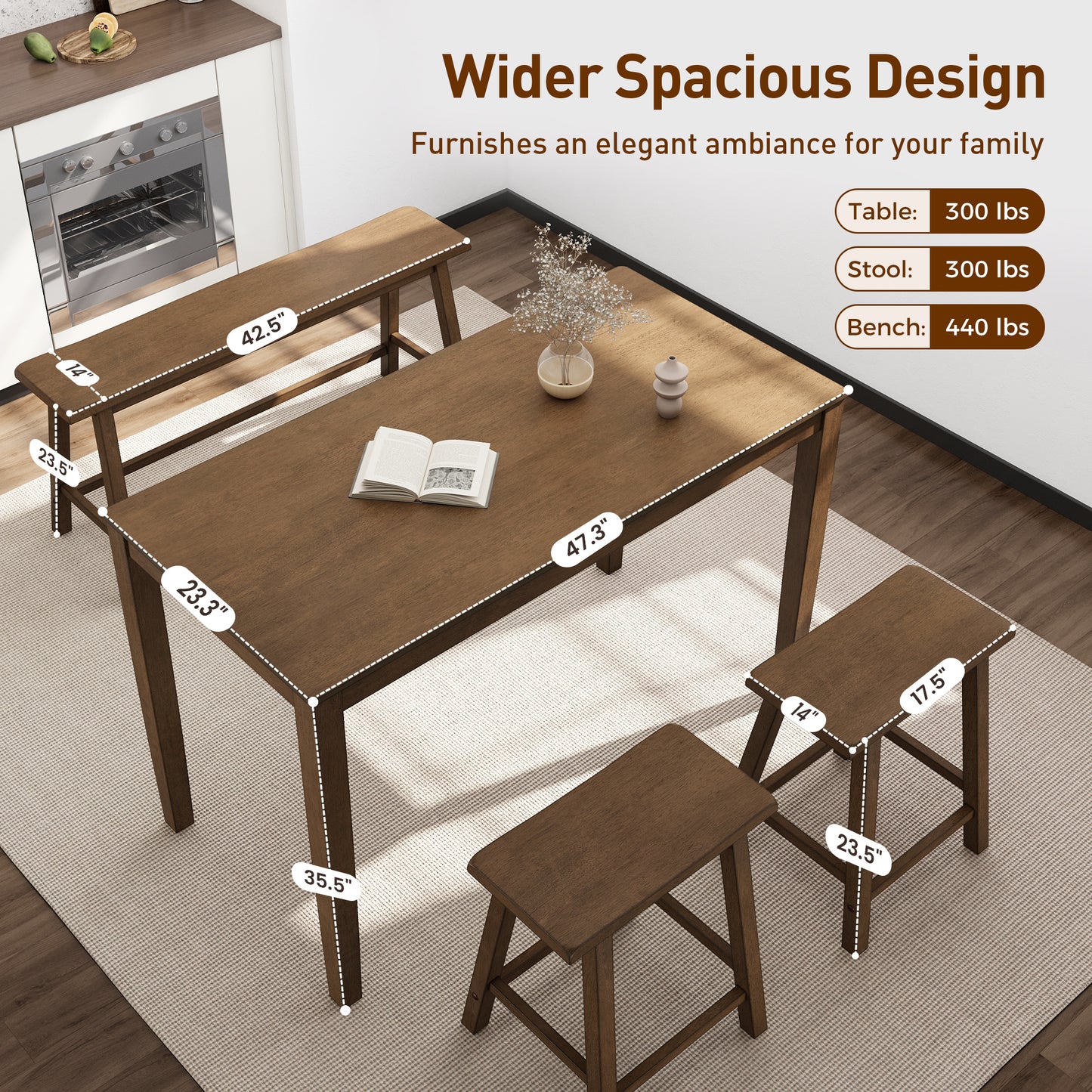 Captiva Designs 4 Piece Wood Dining Table Set with Rectangular Dining Table & Stools & Bench