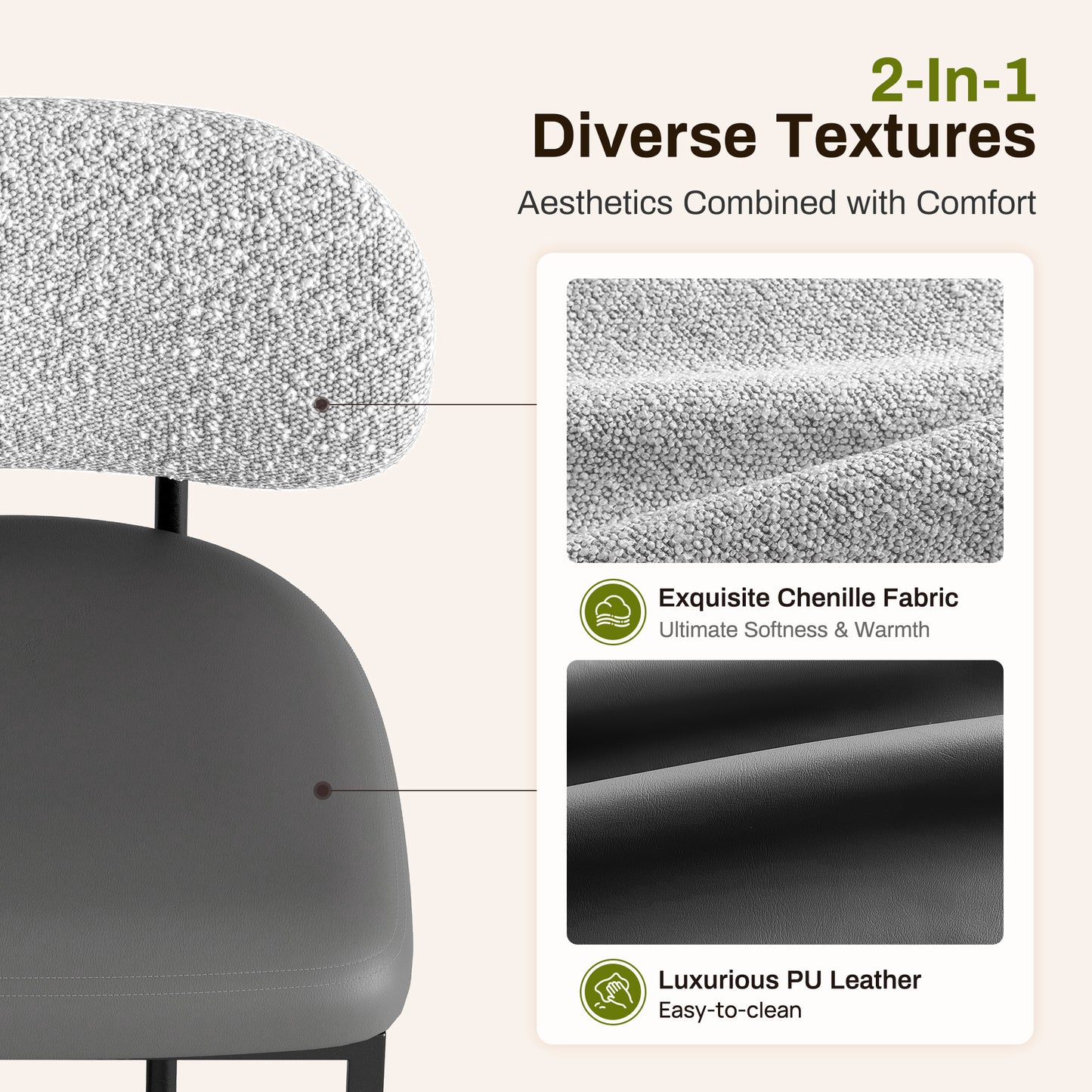 Captiva Designs 24.8 inch Counter Height Bar Stool with Large Chenille Back & PU Leather Seat & Footrest & Adjustable Foot Pad & Sturdy Steel Frame