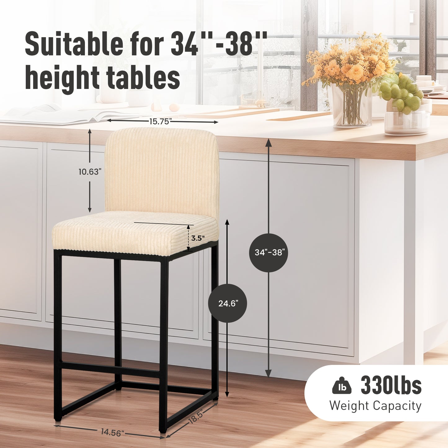 Captiva Designs 24 inch Height Bar Stool with Padded Seat and Back & Sturdy Steel Frame & Footrest