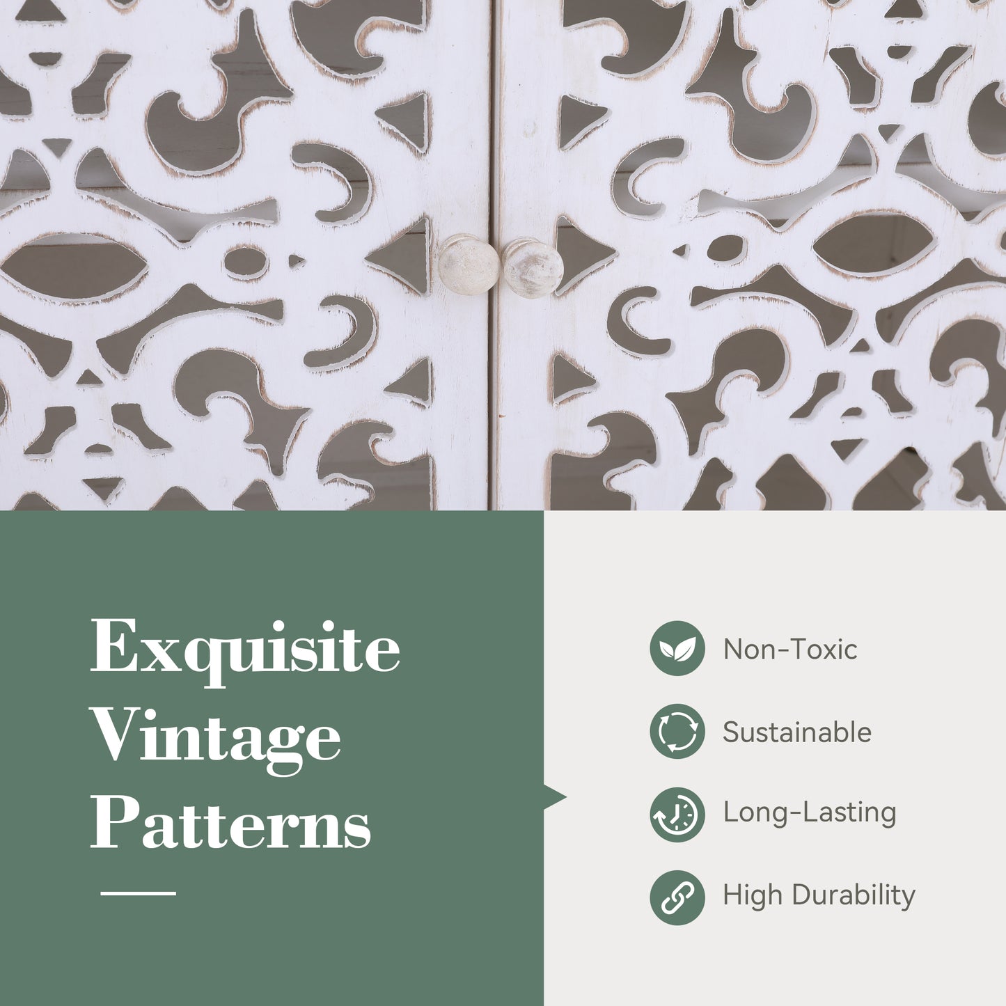 Captiva Designs Distressed Hollow-carved Accent Storage Sideboard Buffet Cabinet with Solid Wood Legs for Living Room Entryway Foyer