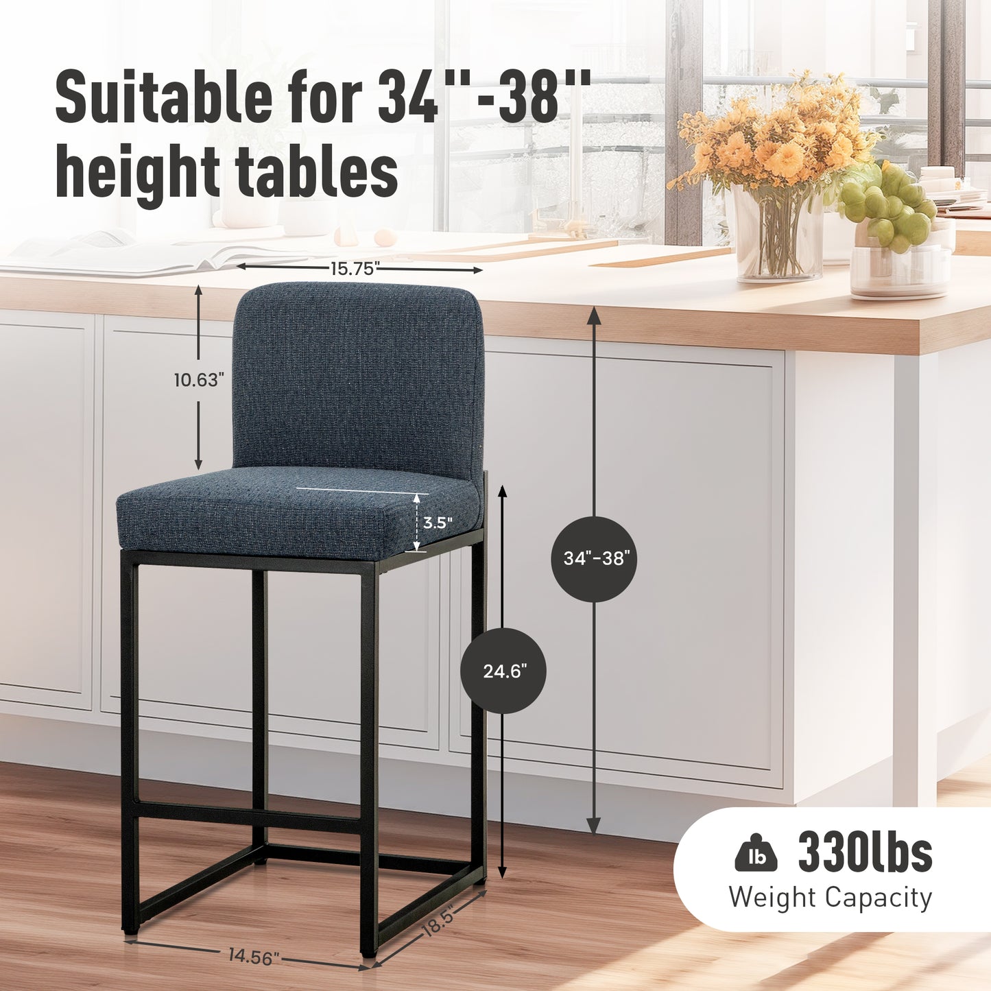 Captiva Designs 24 inch Height Bar Stool with Padded Seat and Back & Sturdy Steel Frame & Footrest