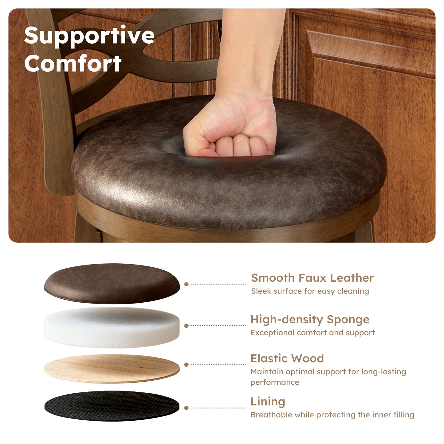 Captiva Designs Counter & Bar Height Swivel Bar Stools with Faux Leather Upholstered Seat & Rubberwood Frame & Wrap-Around Footrest