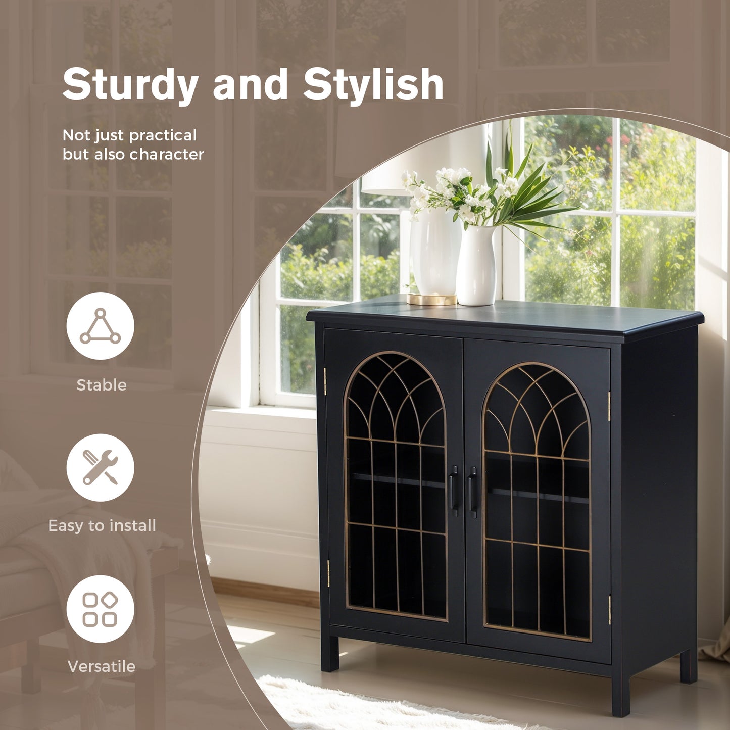 Captiva Designs Exquisite Metal Church Window Sideboard Buffet Storage Cabinet for Kitchen Dining Room Entryway