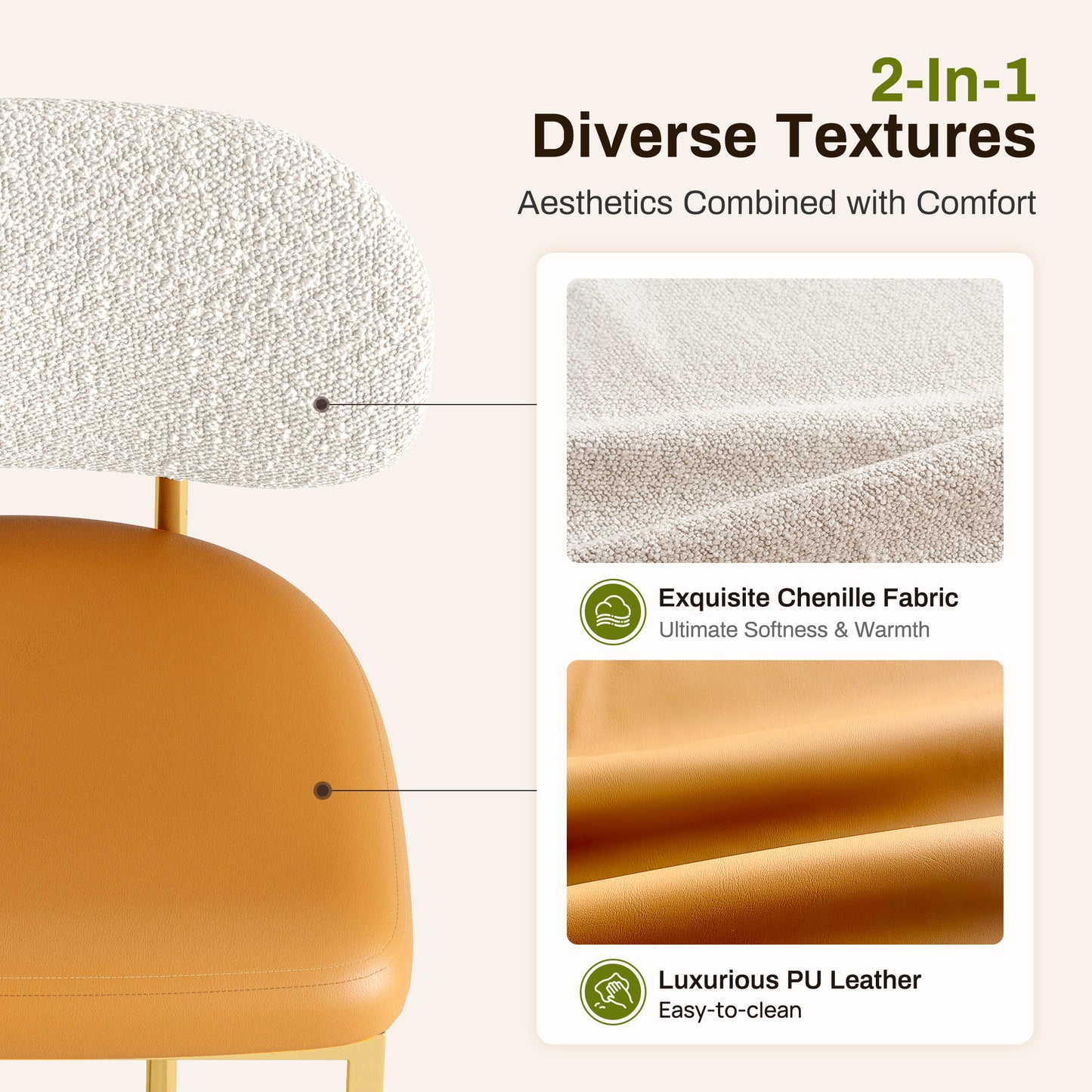 Captiva Designs 24.8 inch Counter Height Bar Stool with Large Chenille Back & PU Leather Seat & Footrest & Adjustable Foot Pad & Sturdy Steel Frame