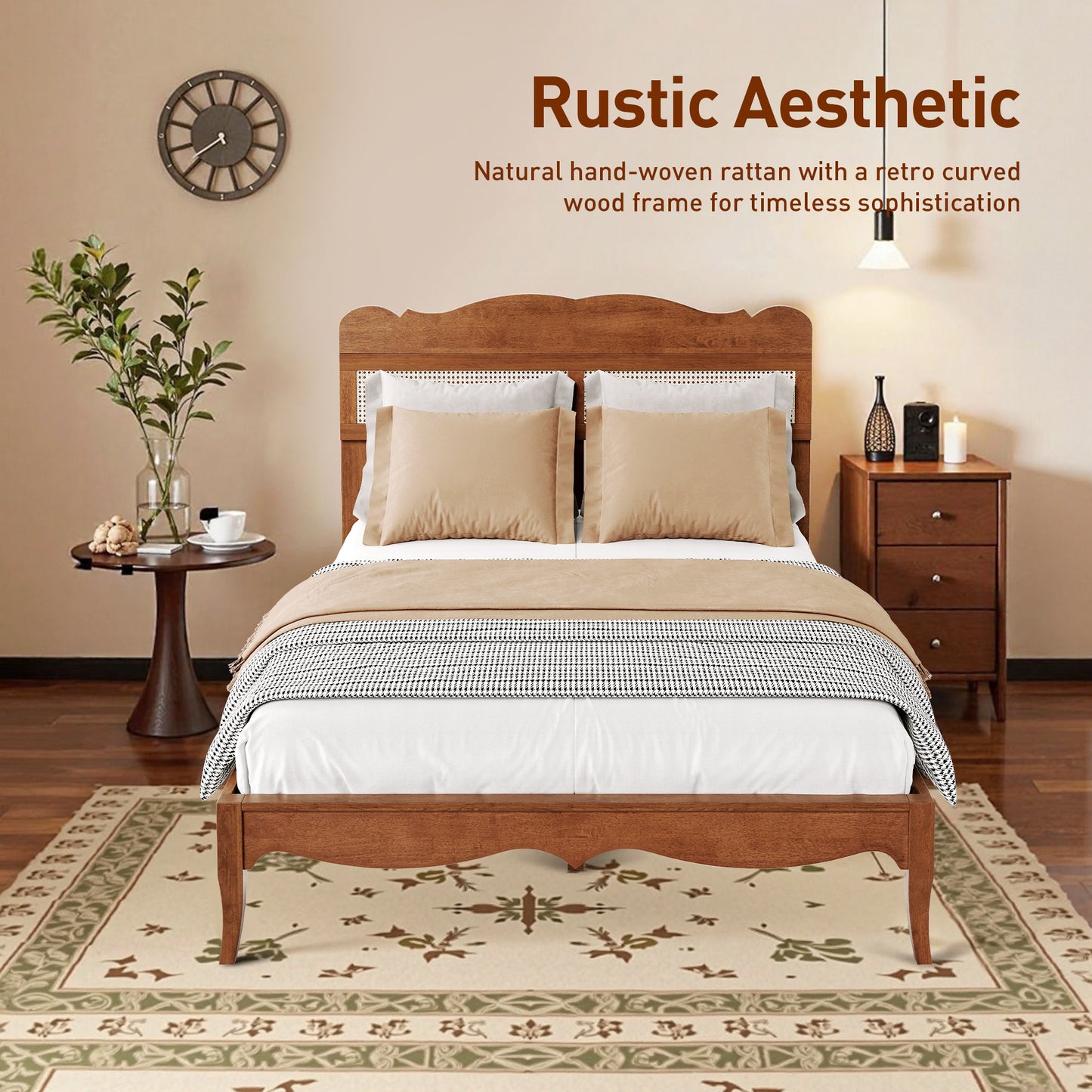 Captiva Designs Premium Wood Bed Frame with Woven Rattan Headboard and Reinforced Slats Support