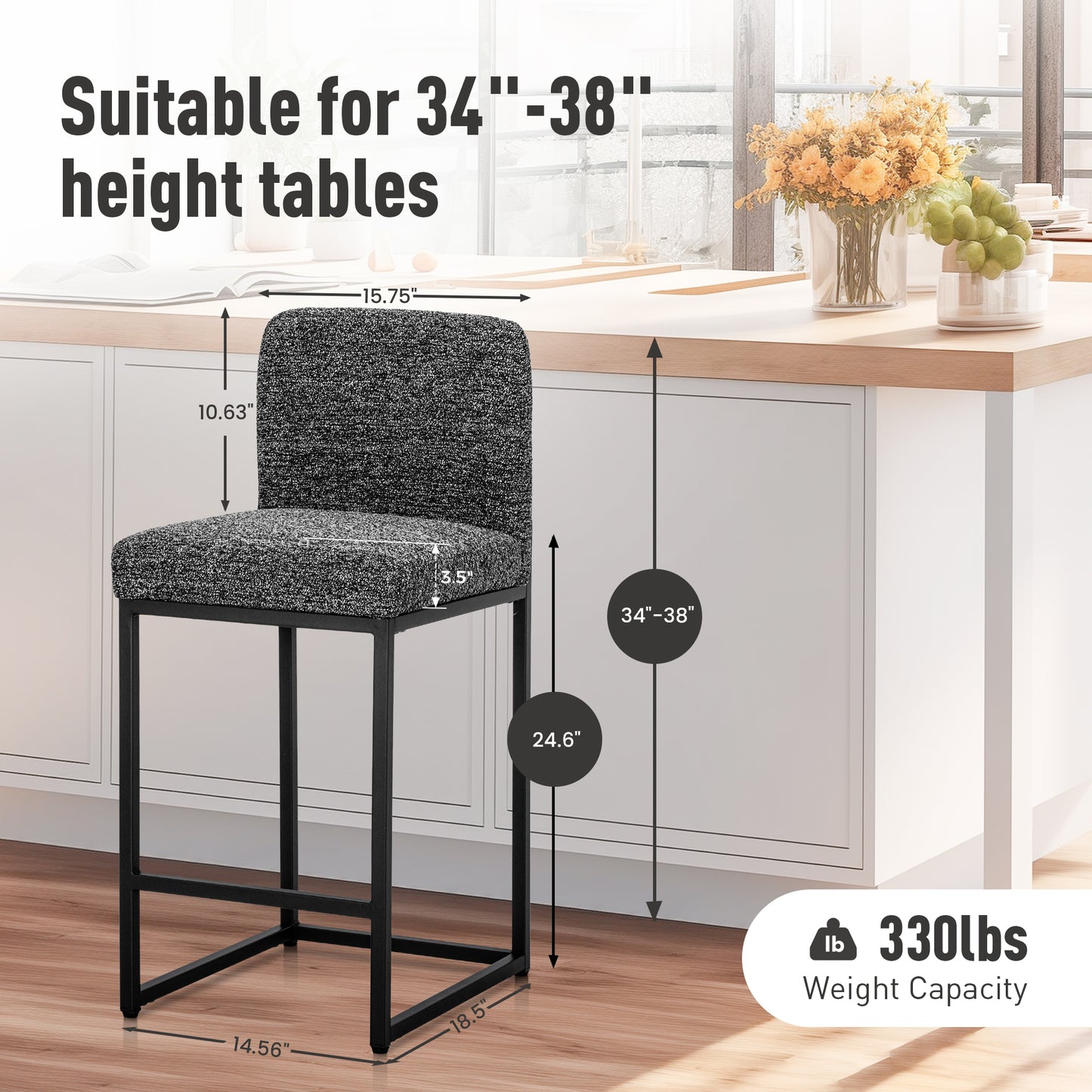 Captiva Designs 24 inch Height Bar Stool with Padded Seat and Back & Sturdy Steel Frame & Footrest