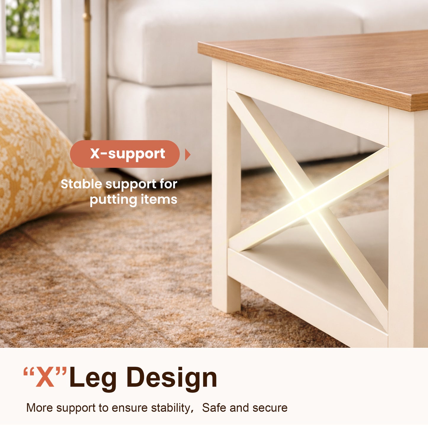 Captiva Designs Farmhouse Coffee Table with Storage Shelf for Living Room, 2-Tier Wooden Center Table with X-Shape Design, Ivory